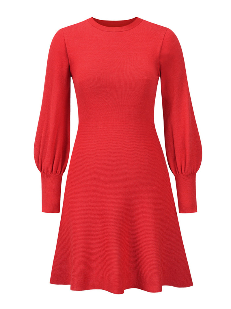 Solid Round Neck Lantern Sleeve Sweater Dress