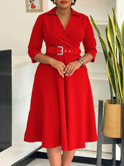 Fashion Deep V Turn-down Collar Belt A-Line Dress