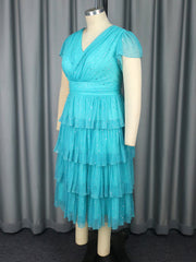 Elegant V Neck Sequin Mesh Layered Midi Dress