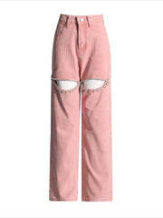 Rhinestone Cutout Wide Leg Jeans