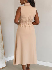 Lapel Sleeveless High Waist Cardigan Midi Dress