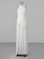 Round Neck Ruched Embellished Sleeveless Maxi Dress