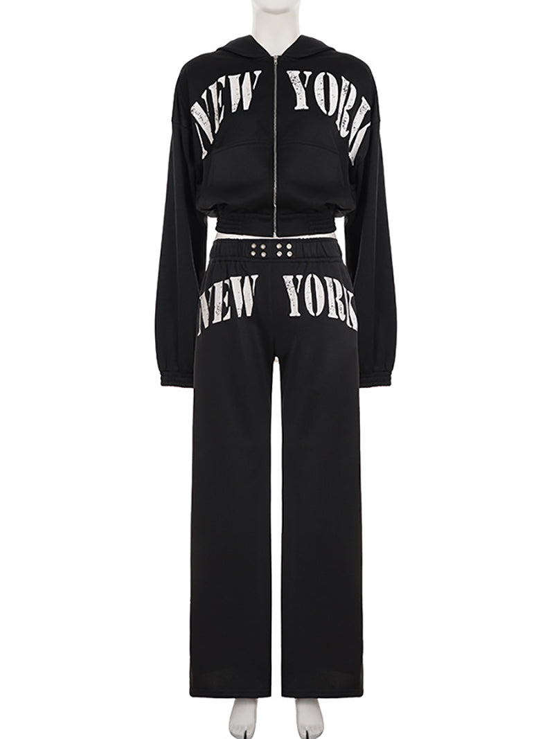 Letter Print Hoodie Elastic Waist Straight Pants Set