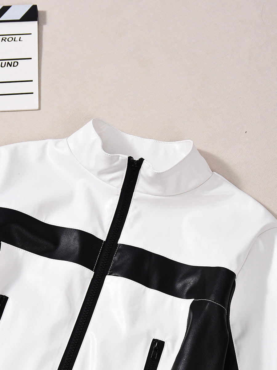Fashion Faux Leather Color block Zip Up Crop Jacket
