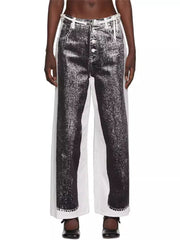 Casual Drawstring Jeans Print Wide Leg Pants