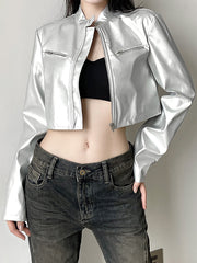 Solid Zip Up Cropped PU Leather Jacket