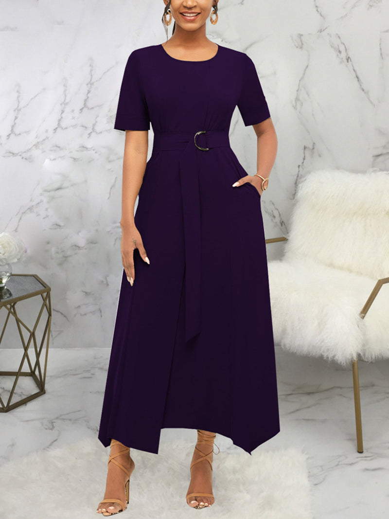 Elegant Round Neck Belted Hem Maxi Dress