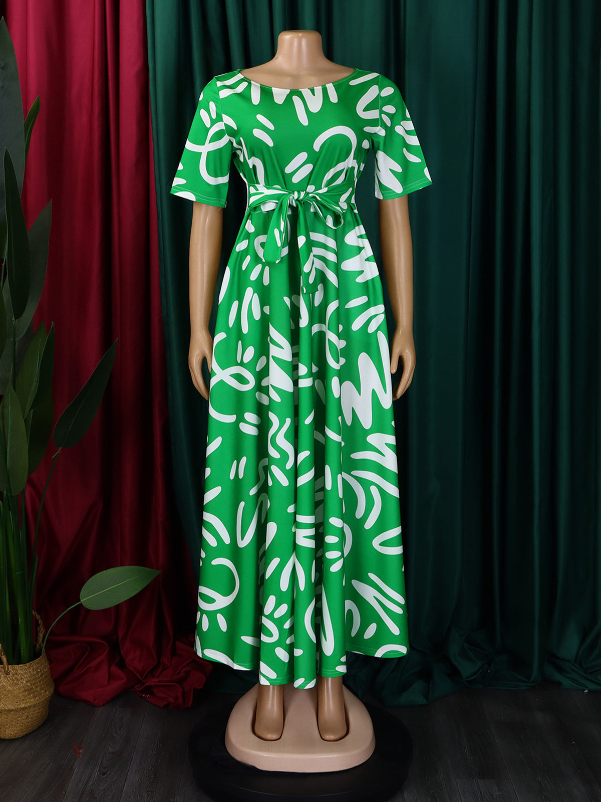 Elegant Lace-up Short Sleeve Print Dress