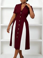 Casual Single Breasted Patchwork Pleated Dress