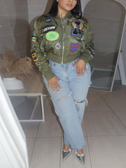 Embroidered Lined Casual Bomber Jacket