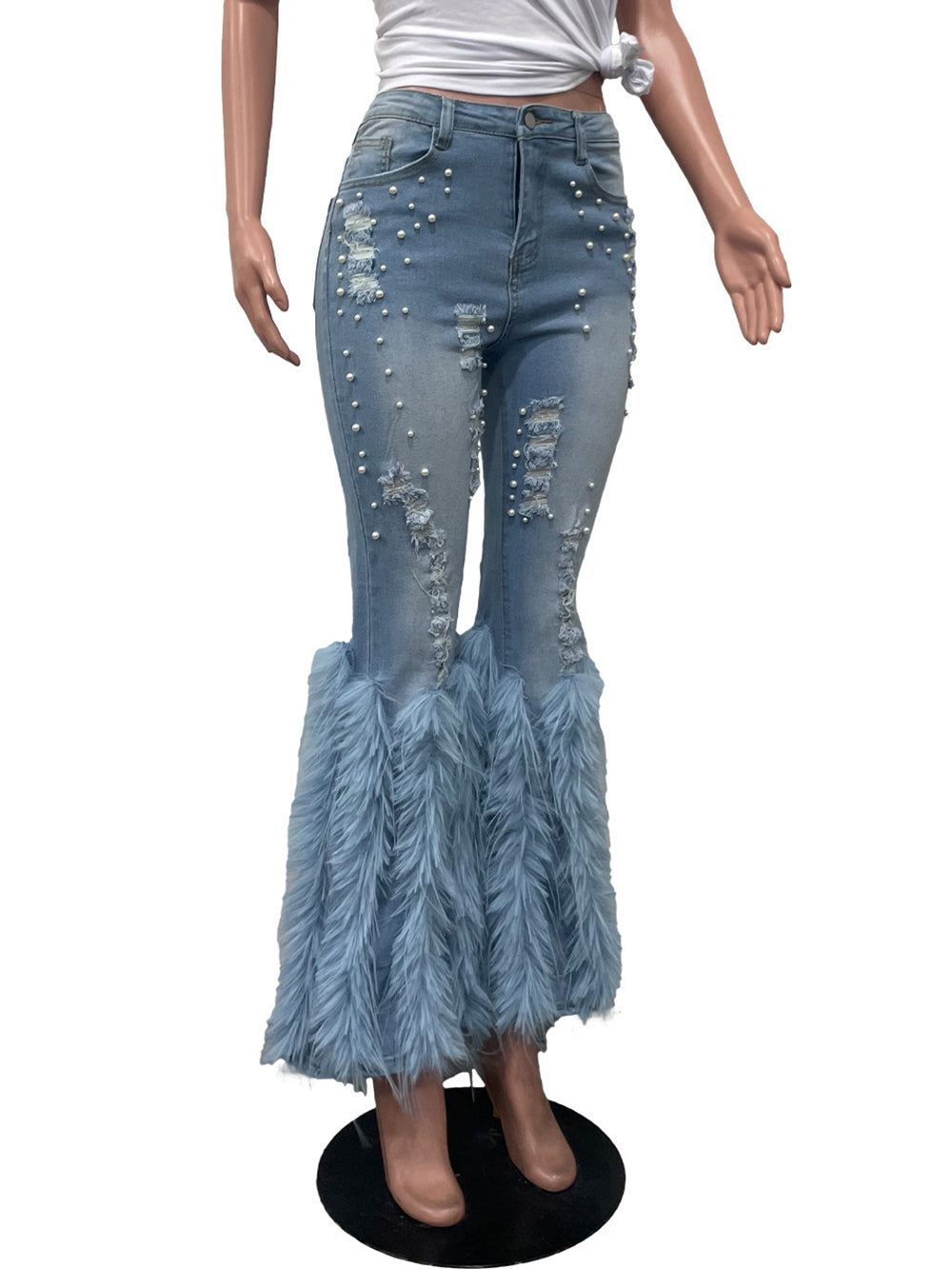 Fashion Feather Combo Ripped Jeans