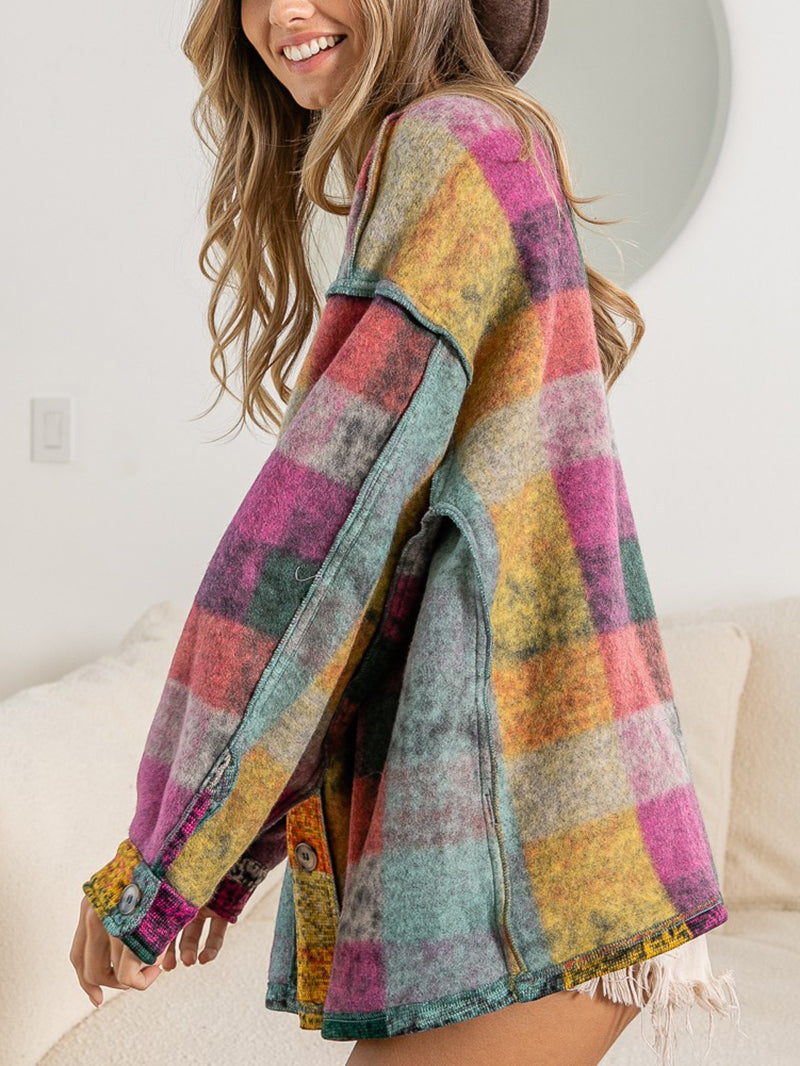 Casual V Neck Multicolor Plaid Button Cardigan