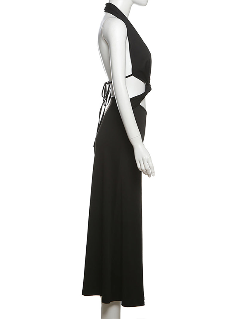 Sexy Halter Backless Metal Ring Decor Club Dress