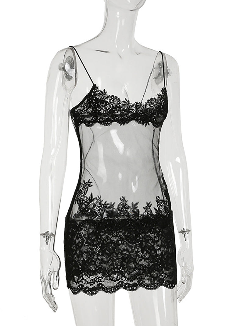 Sexy Mesh Lace Patchwork Spaghetti Strap Mini Dress