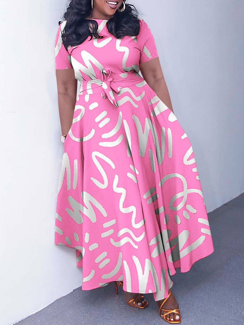 Elegant Lace-up Short Sleeve Print Dress
