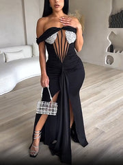 Off Shoulder Sequin Mesh Bodycon Slit Dress