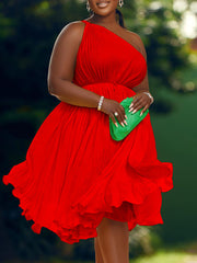 One Shoulder Lace-up Cinched Waist Pleated Midi Dress