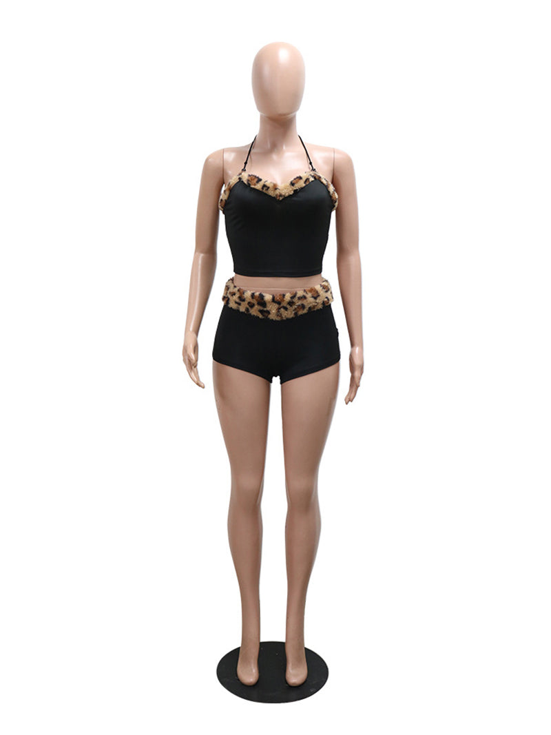 Sexy Leopard Print Patchwork Crop Top Shorts Set