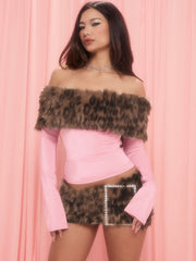Off Shoulder Top and Leopard Mini Skirt Set