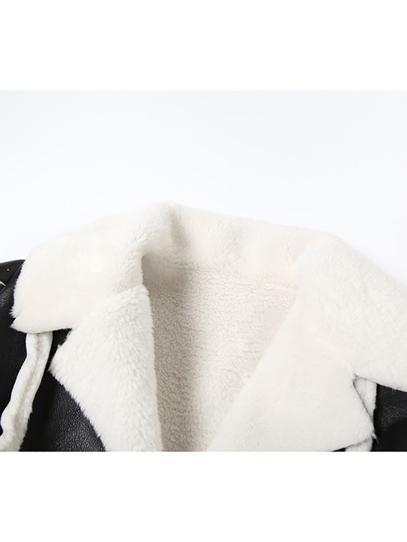 Fashion PU Leather Splicing Fur Collar Cropped Jacket