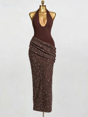 Sequin Halter Backless Evening Dress-boutique