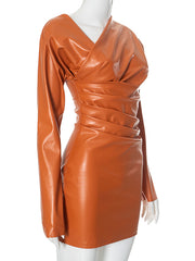 Fashion Asymmetry Draped PU Leather Mini Dress