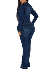 Turndown Collar Slim Denim Jumpsuit