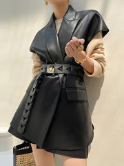 Lapel Collar High Waist Slim PU Vest Coat