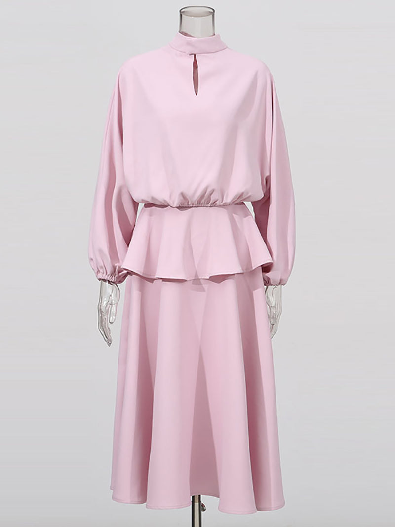 High Neck Cropped Top High Waist Ruffles Midi Skits Set