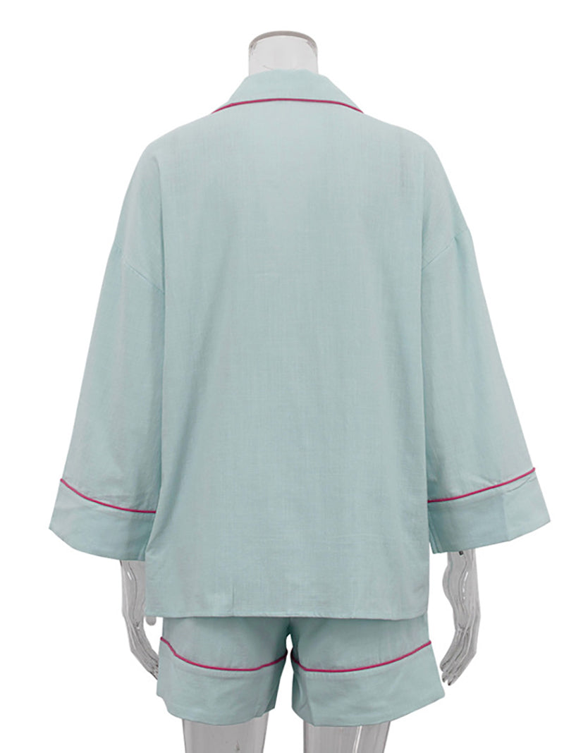 Casual Lapel Nightwear Shorts Cotton Sleepwear Suit