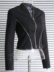 Solid Patchwork Zipper Cropped Jacket