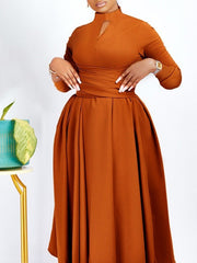 High Neck Ruched Waist Full Skirt Midi Dress