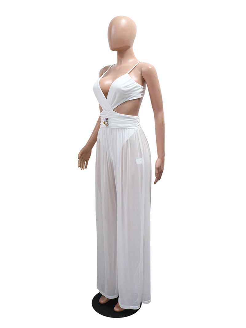 Sexy V Neck Backless Lace-up See Through Jumpsuit
