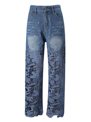 Polka Dot Lace Hem Wide Leg Jeans