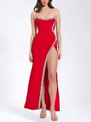 Sexy Rhinestone High Slit Strapless Maxi Dress