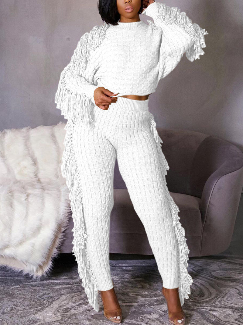 Fashion Knit Tassels High Waist Trousers Sets