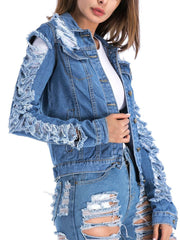 Casual Long Sleeve Ripped Denim Jacket