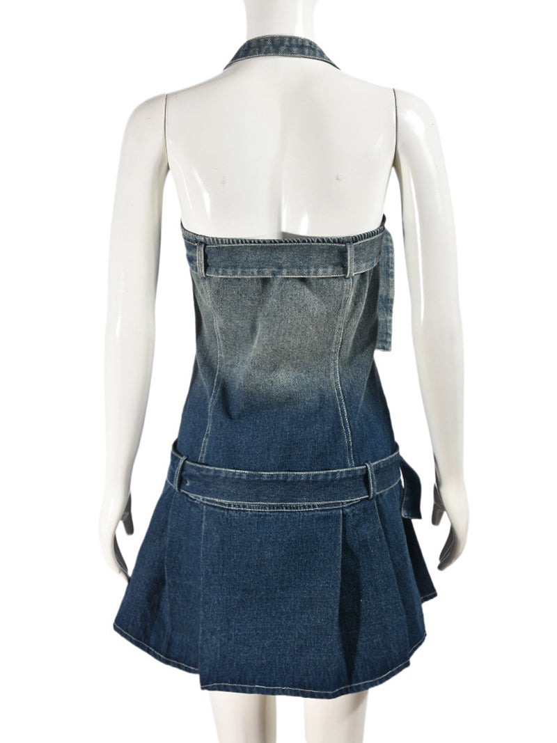 Denim Wash Halter Zipper Belt Gradient Sexy Trend Dress