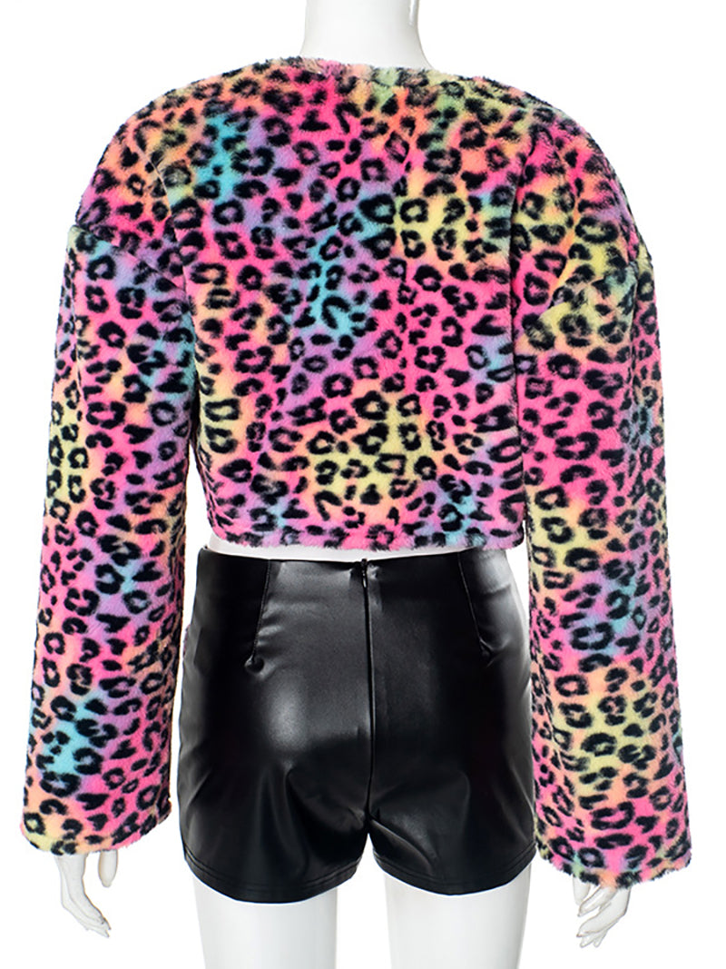 Colorful Leopard Fur And Leather Patchwork Short