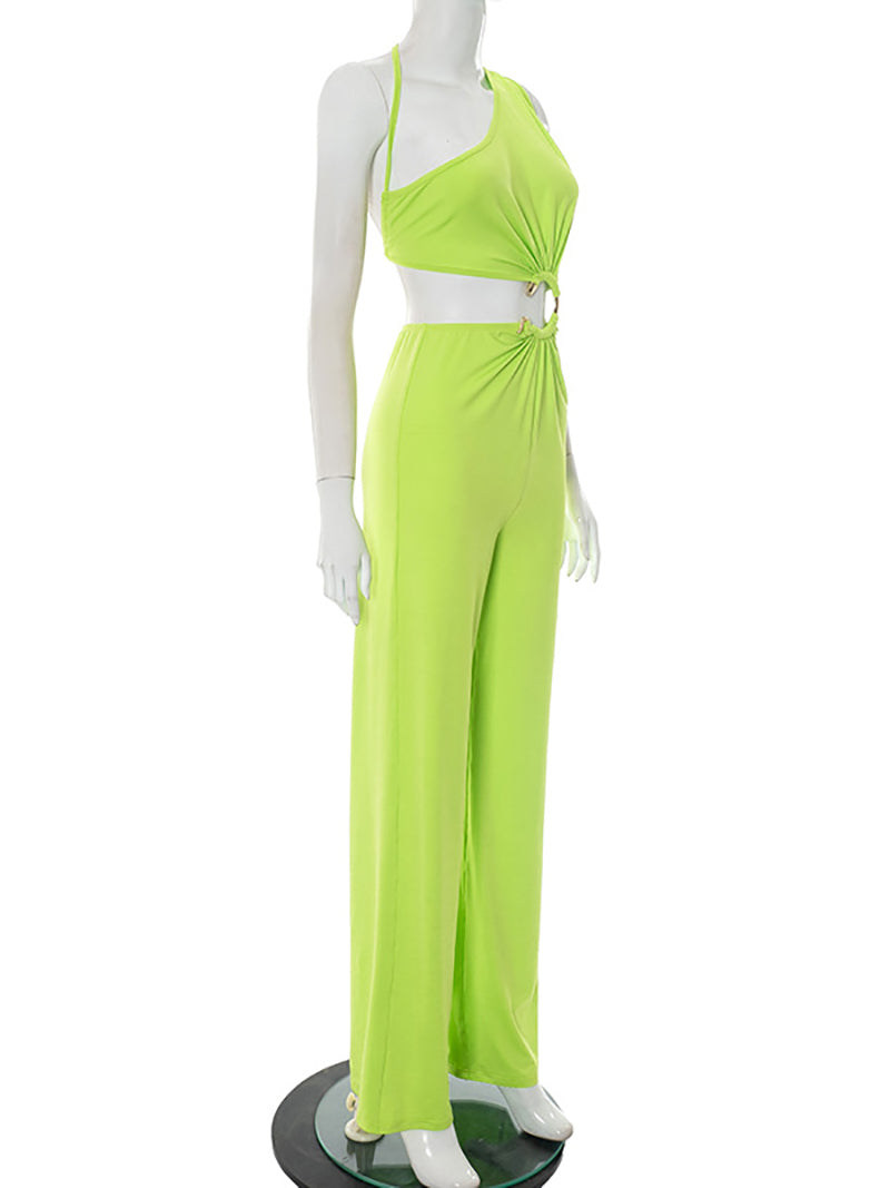 Sexy Oblique Shoulder Ring Stitching Straight Jumpsuit