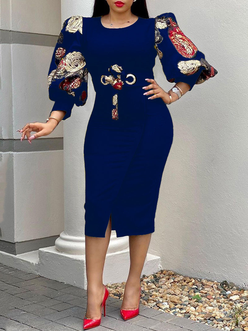 Round Neck Print puff sleeves Slim Dress