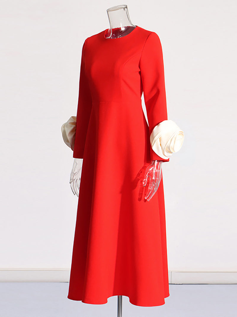 Elegant Round Neck Flower Embellished Maxi Dress