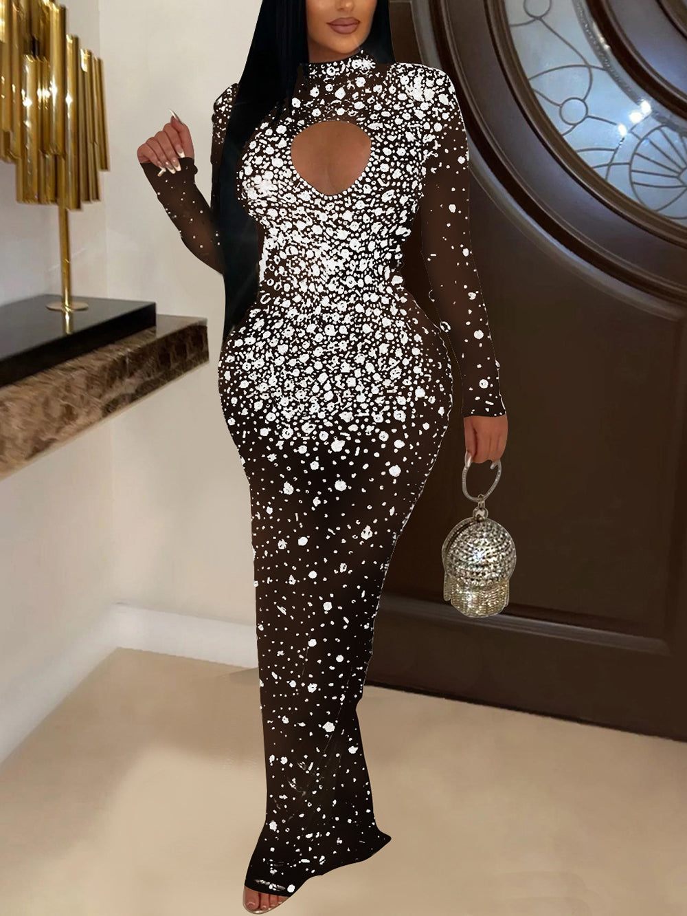 Sexy See Through Mesh Rhinestone Maxi Dress