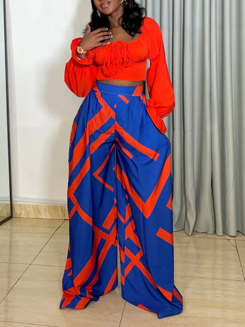 Casual Print Lace-up Crop Top Wide Leg Pants Set