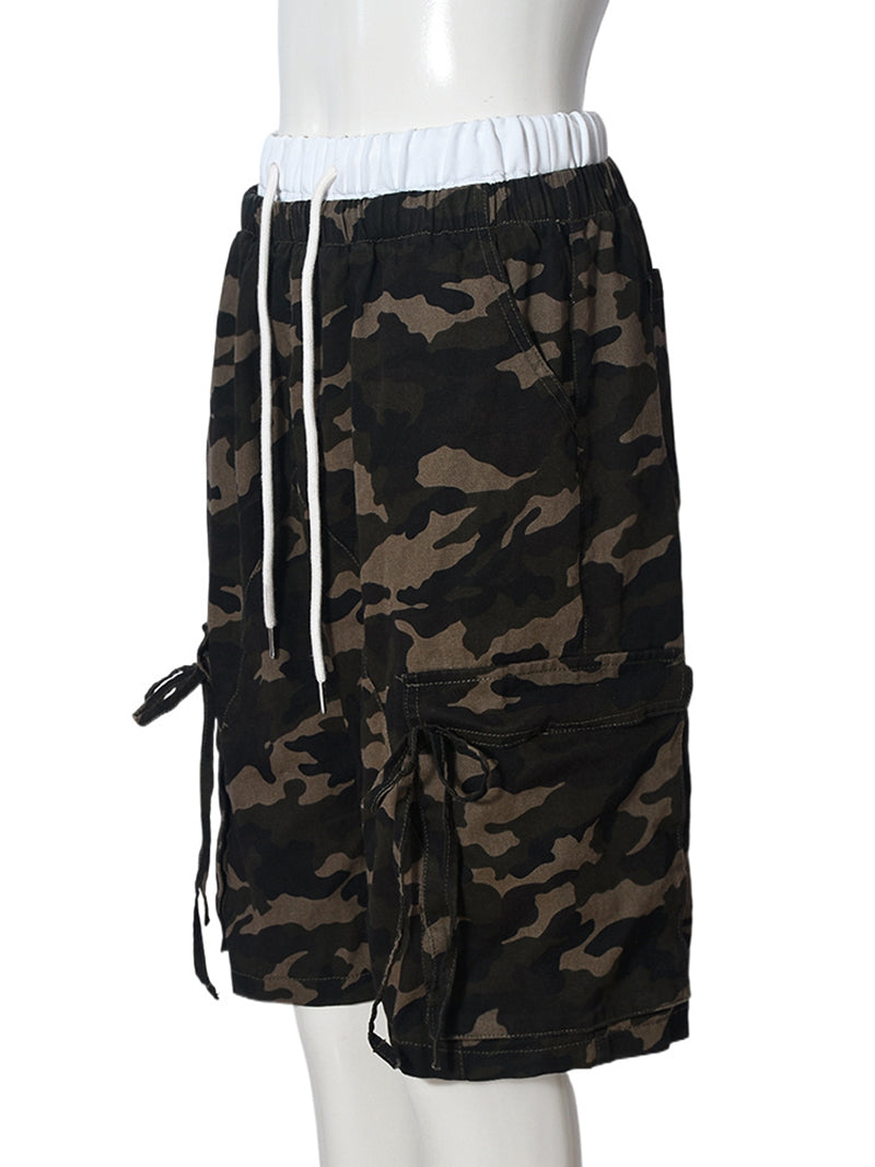 Casual Camo Print High Waist Drawstring Shorts