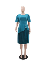 Elegant Round Neck Asymmetry Pleated Dress
