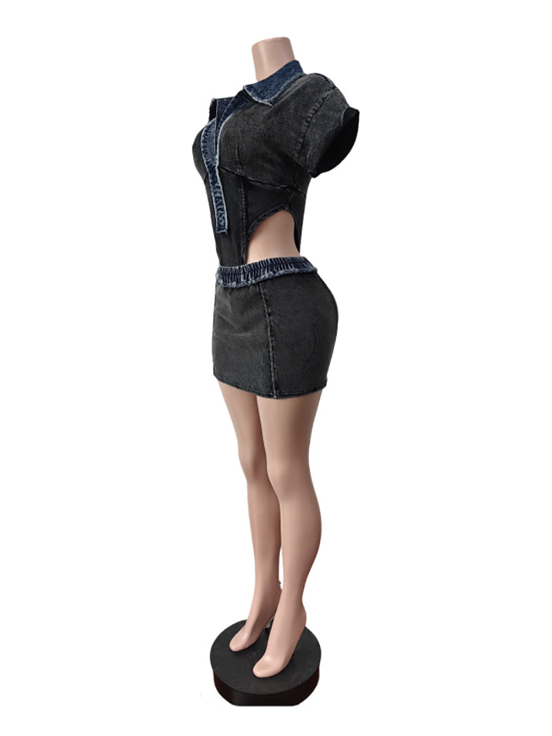 Retro Denim Lapel Bodysuit Skirt Sets