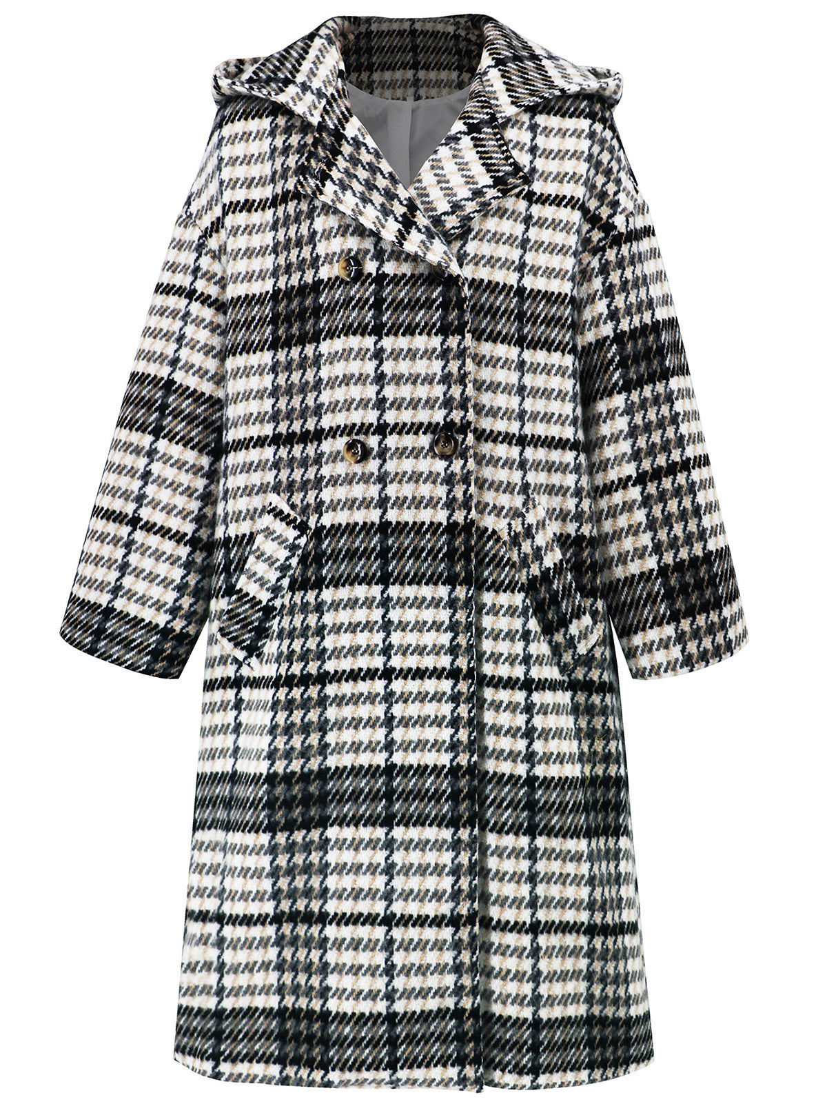 Wool Blend Plaid Lapel Double Breasted Coat