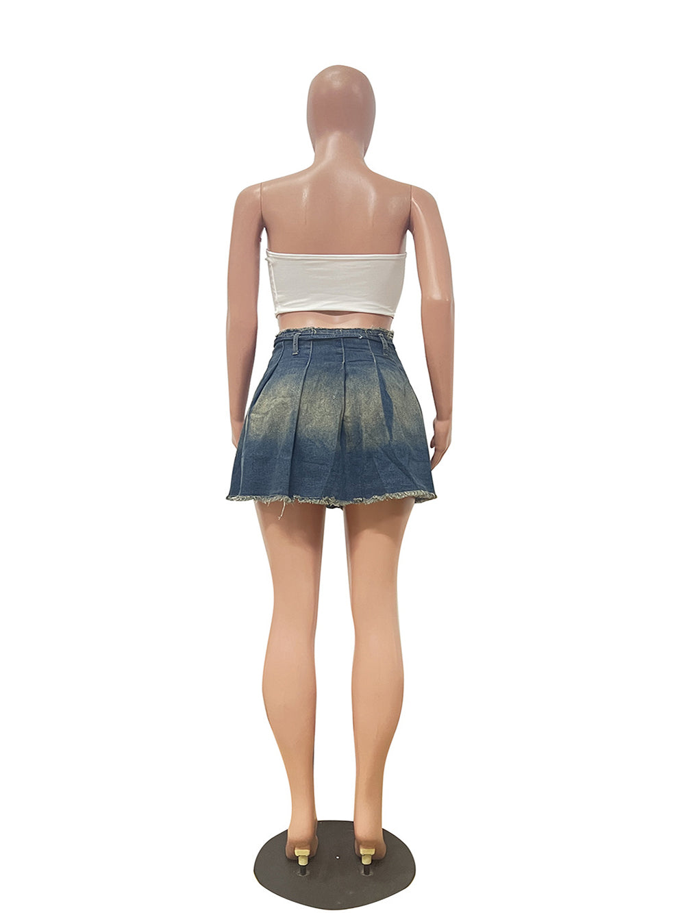 Casual High Waist Washed Denim Pleated Skirt