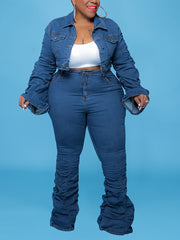 Plus Size Stacked Denim Jacket And Pant Casual Set